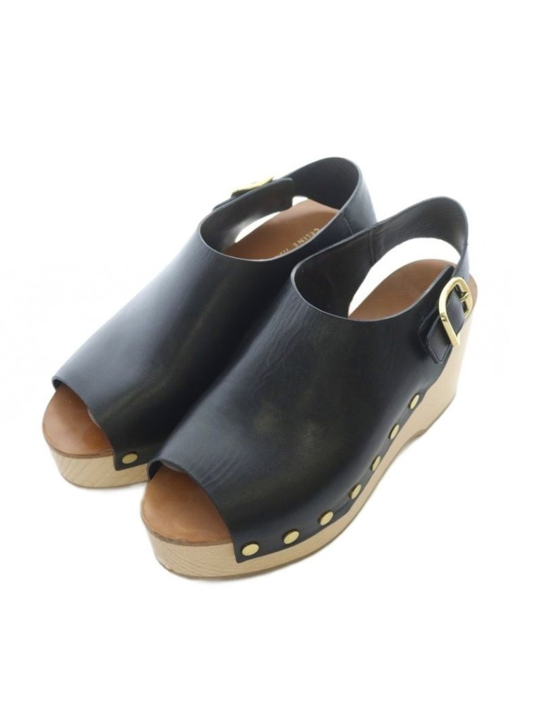 Celine Wood Sole Sandals 38 Black Strap Thick Ri Os